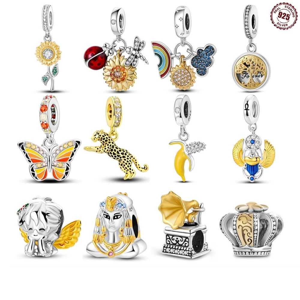 

42 Style 925 Sterling Silver Golden Sunflower Charms Butterfly Beads Fit Original Bracelets DIY Gold Plated Fine Jewelry