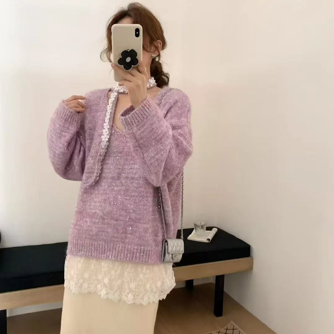 

Women Lace Splicing Sweater Korean Version Loose Lazy Style Soft Pullover V-neck Design Sense Solid Color Knitted Sweater Top