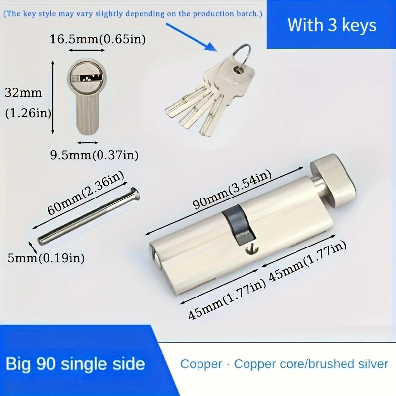 1Pc European Standard 60/70/80/90mm Lock Cylinder, Lock Cylinder Assembly with 3 Brass Keys, Suitable for Patio Sliding Doors, Single-Opening Design with Knob, Features Anti-Rust, Anti-Corrosion, and Anti-Theft Functions view 4