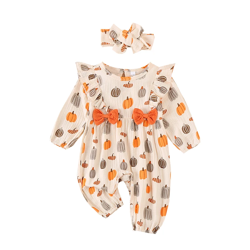 

Baby Girl Halloween Romper Pumpkin Print Ruffled Long Sleeve Crew Neck Jumpsuit with Bow Headband