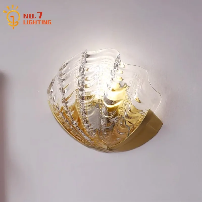 

French Design Luxury Brass Glass Shell Wall Lamp LED E27 Medieval Wall Mounted Background Living Room Aisle Bedroom Hotel Study