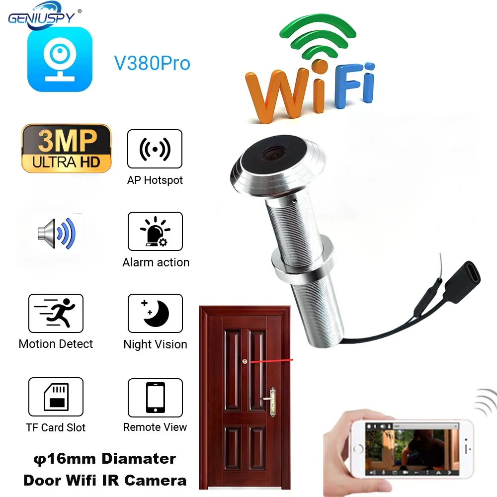 

3MP HD V380 Pro Home Digital Viewer Peepholes Door Camera Eye WiFi IR Night Vision Door Eye Camera Ir 16mm Diamater Smallest