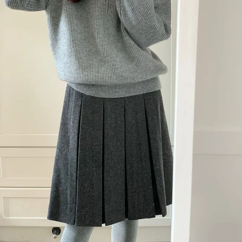 Style Student Preppy A-Line Skirts Woman Vintage Versatile Loose Gray Woolen Knee-Length Skirt Cute and Sweet Pleated Skirts