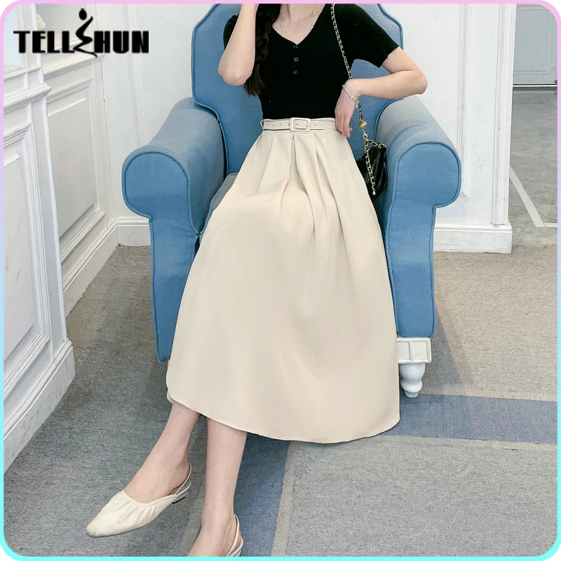 Autumn clothes for women Midi pleated stylish long Skirt with belt high waist office lady Elegant A-line dress Streetwear traff