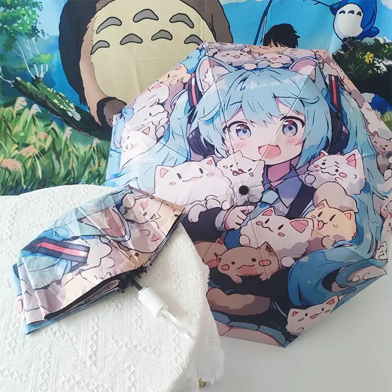 Hatsune Miku Anime Girl Figures Automatic Umbrella Sun Protection Manual Folding Portable Ultraviolet-proof Umbrella Fans Gifts