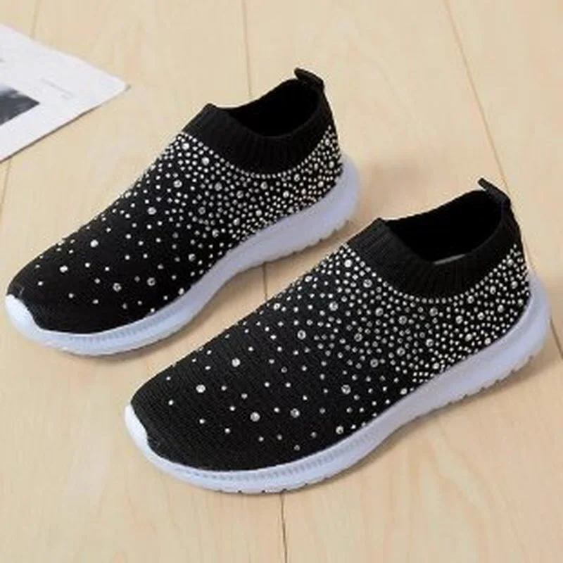 2022 Large Size Rhinestone Elastic Socks Shoes Casual Women\'s Flying Woven Breathable Lightweight Casual Thick-soled Shoes