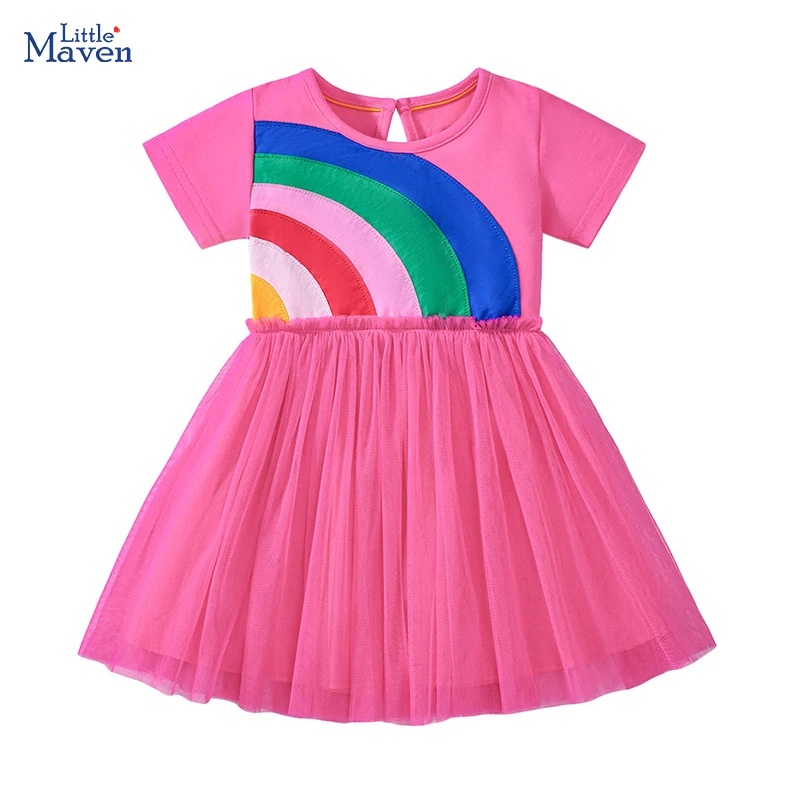 Little Maven Baby Mädchen Kinderkleidung 2025, Sommermode, bestickt, Cartoon-Regenbogen-Mesh-Partykleider, Kinderkleidung