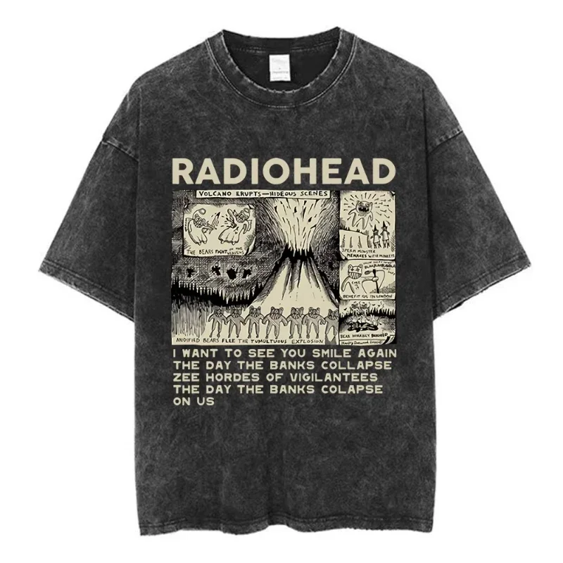 Rock Band Radiohead The Bends Vintage Washed T-shirt Men Women Fashion Hip Hop T Shirts Casual T-shirts Streetwear