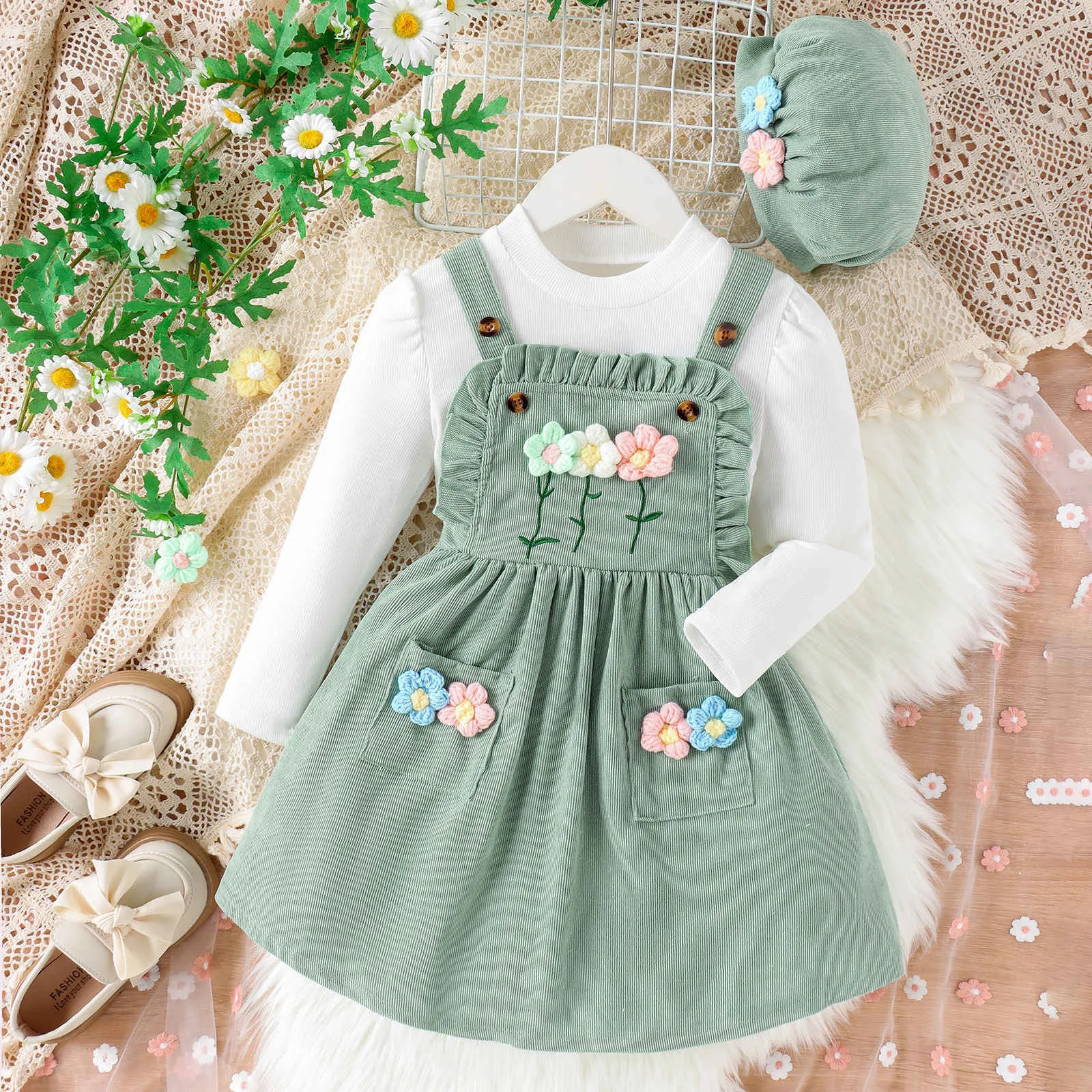 2024 Autumn Winter Girls Clothes Long-sleeved Top+Floral Splice Suspenders Dress+Cap 3 Pieces Set Casual Kids Clothes Age 3T-8T