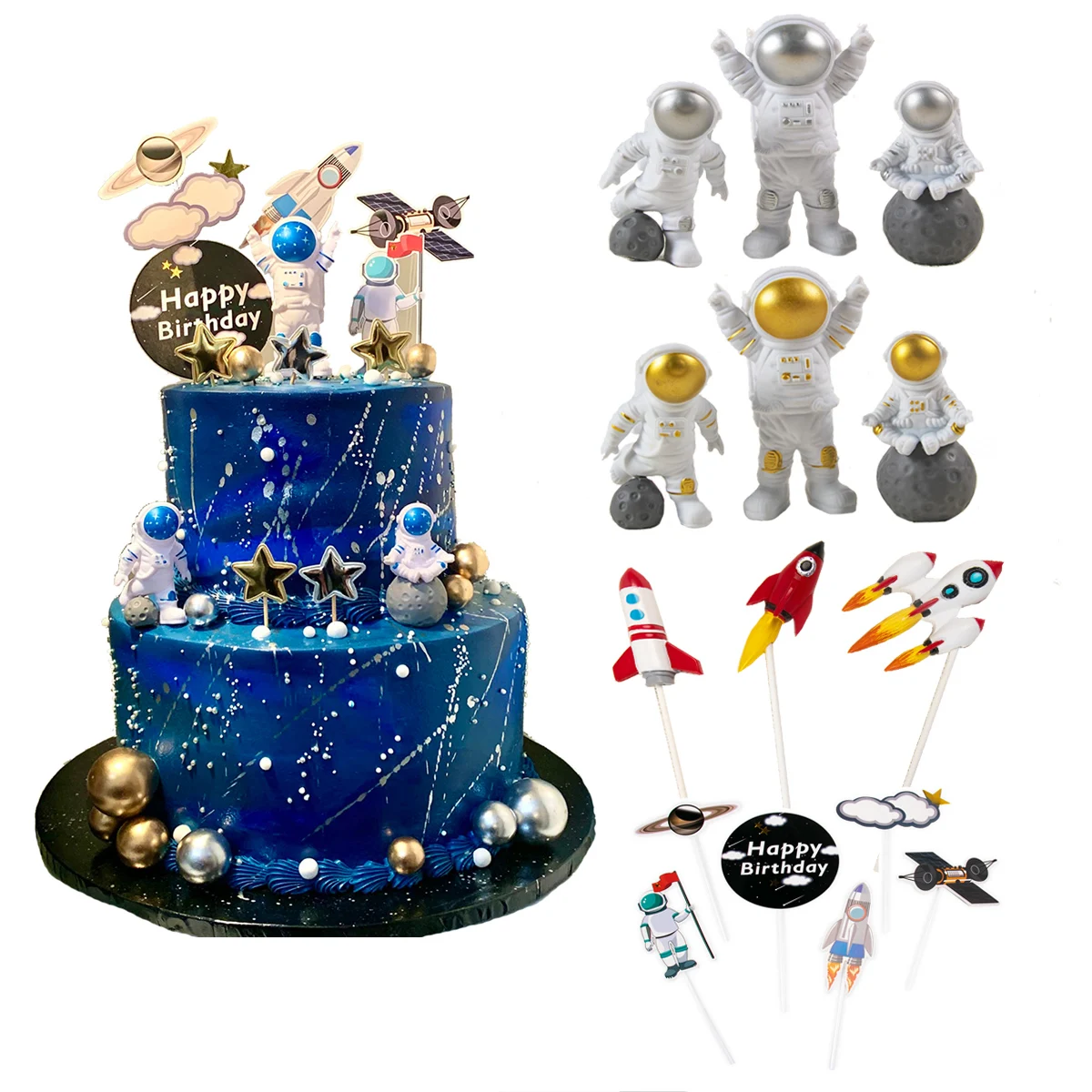 Astronaut Space Cake Toppers Outer Space Astronaut Figurines Planet Rocket cake insert Kids Birthday Party Supplies Baby Shower