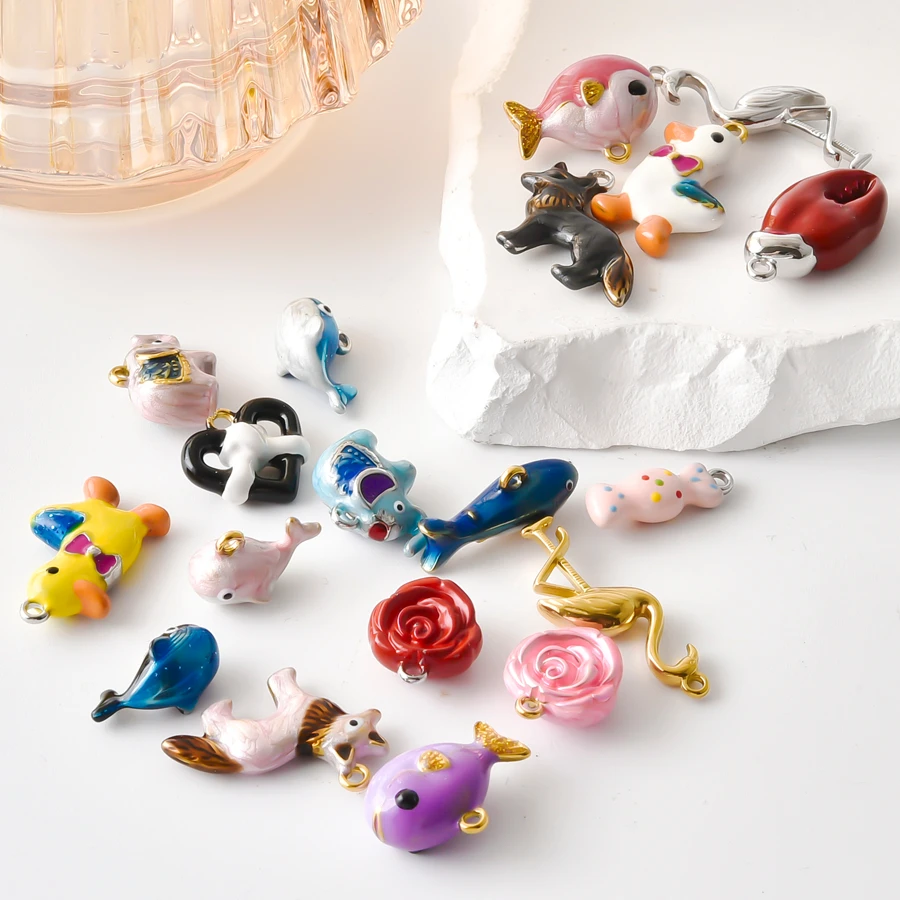 5Pcs Animal Plant Charms Flowers Elephant Horn Bun Flamingo Crab Claw Rose Fox Pendant For Drip Oil Stainless Steel Jewelry