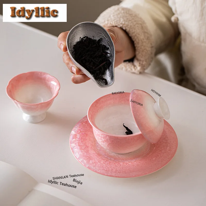 105ml Crystal Glaze Gradient Pink Gaiwan Boutique Tea Tureen Tea Bowl With Lid Kit Tea Maker Cover Bowl Tea Ceremony Collection