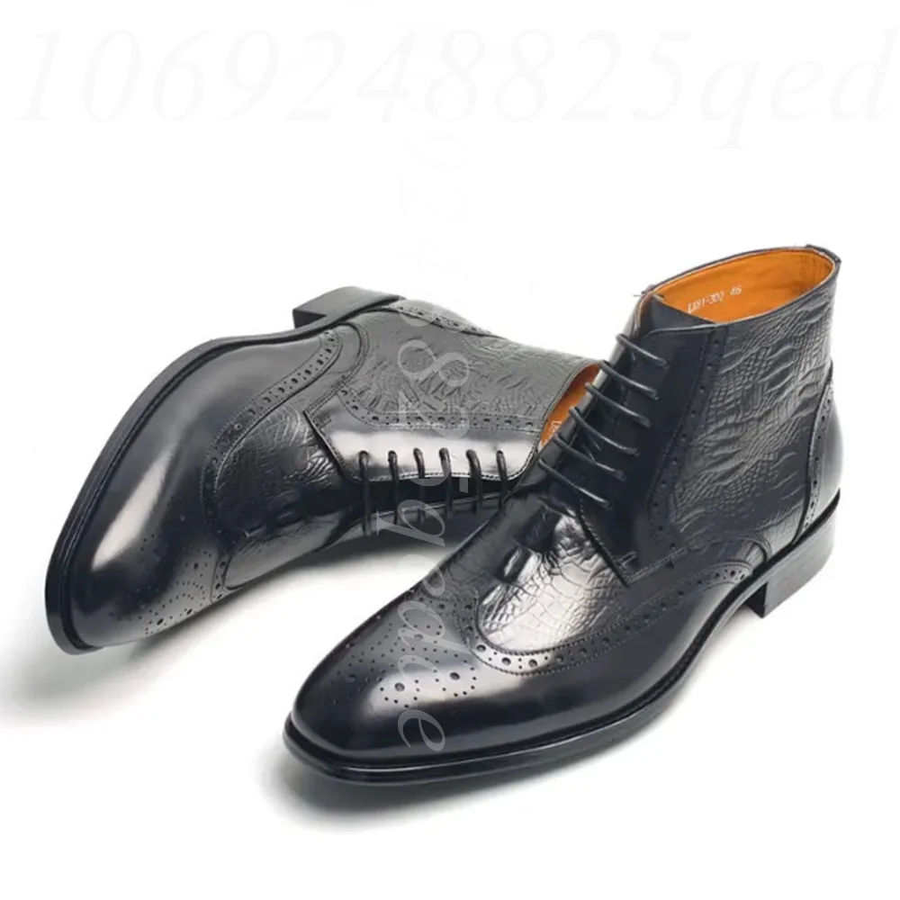 

Men's Black Leather Brogue Ankle Boots - Crocodile Embossed Lace-Up Formal Dress Boots Vintage Wingtip Fashion Shoes for Men