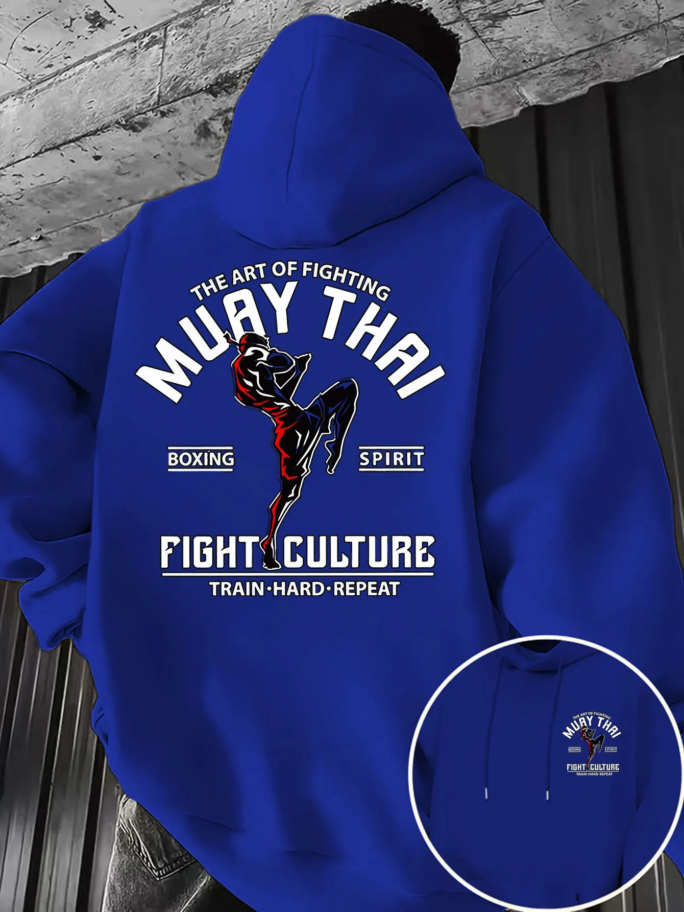 Muay Thai sport men's hooded sweatshirt with martial arts character silhouette print, kangaroo pocket pullover hoodie shirt