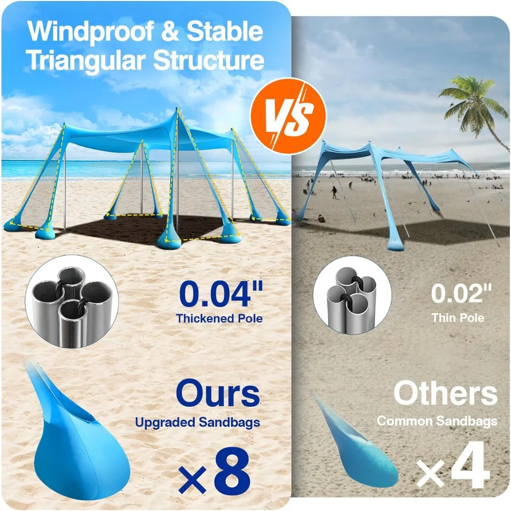 Rhino Valley Beach Tent Sun Shelter, Beach Canopy Tent Sun Shade UPF50+ Protection with 8 Sandbags 4 Stability Poles