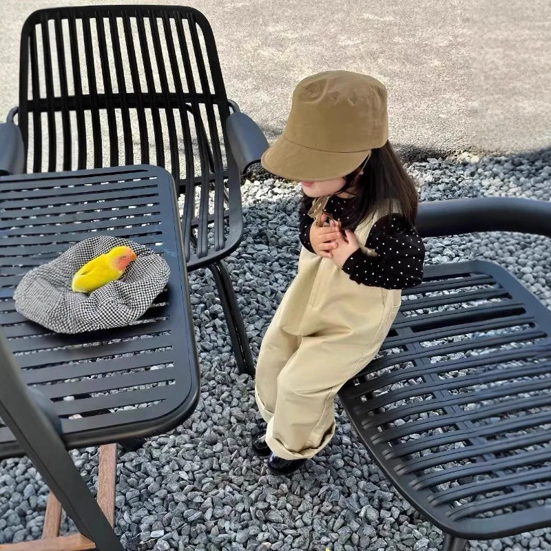 Girls Set 2025 Autumn New Korean Version Polka Dot Black Long Sleeved T-shirt Casual Overalls Two-piece Set Daily Temperament