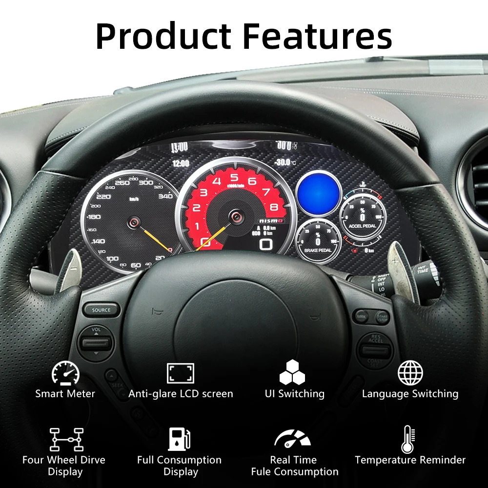 Carplay Android Auto Digtal Cluster for Nissan GTR R35 2007-2016 Digital Instrument Cluster Gauge Plug-and-Play LCD Speedometer Dashboard with OTA Upgrade Non-Destructive Install Real-Time Vehicle Info & Carplay