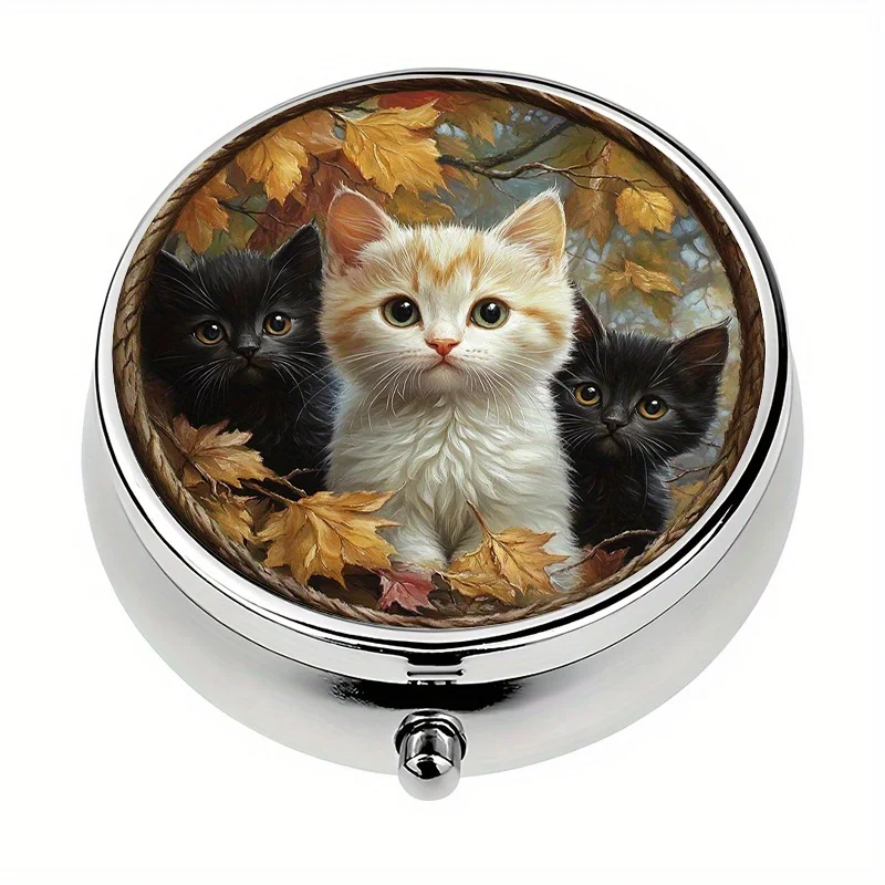 1 pill box with 3 compartments, autumn kitten-themed mini pill box, portable travel or wallet pill box, decorative vitamin organizer for purses or handbags