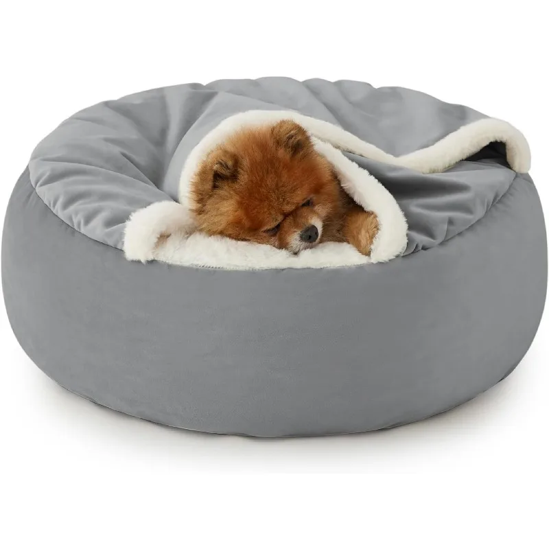 Dog Bed with Cover Cave - Covered Round Puppy Bed with Hooded Blanket, Machine Washable Burrow Pet Bed for Small Dogs and Cats,