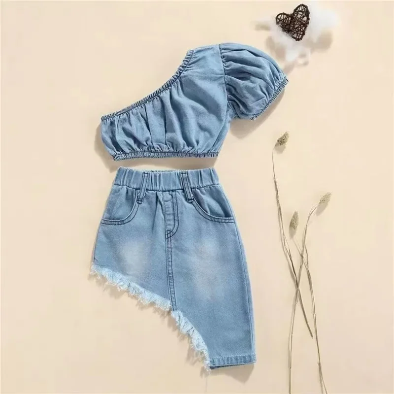 

New Summer Girls Denim Clothes Set Fashion Solid Color Short Sleeve Off-shoulder Cropped Tops + Irregular Hem Skirts Kids Suit