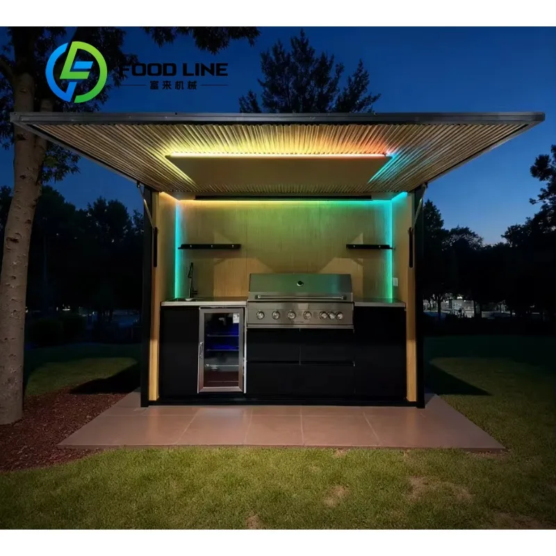 Customized Weatherproof Modular Enclosed Shelter Outdoor Kitchen Pavilion With Built-in Barbecue Grill & Sink