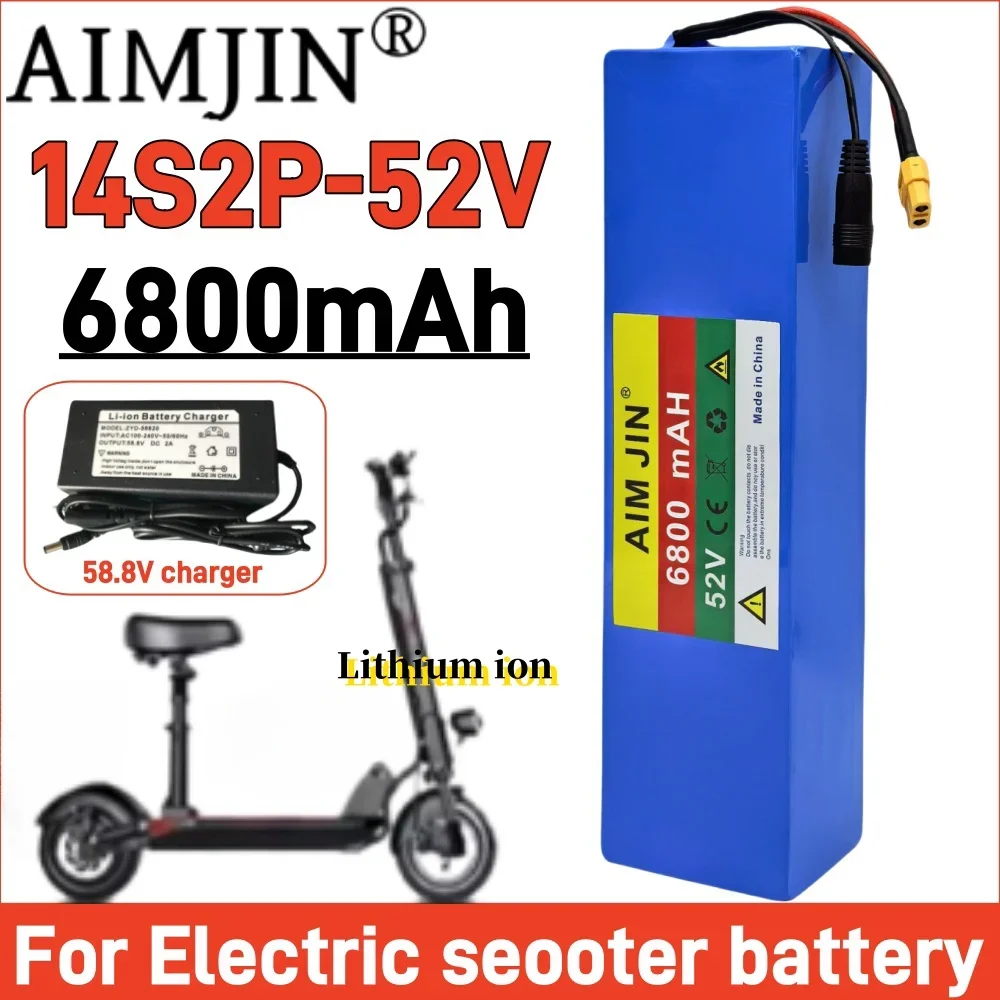 52V 6800mAh 18650 Rechargeable lithium battery pack 14S2P large capacity suitable for Bicycle Scooter Motorcycle built-in BMS