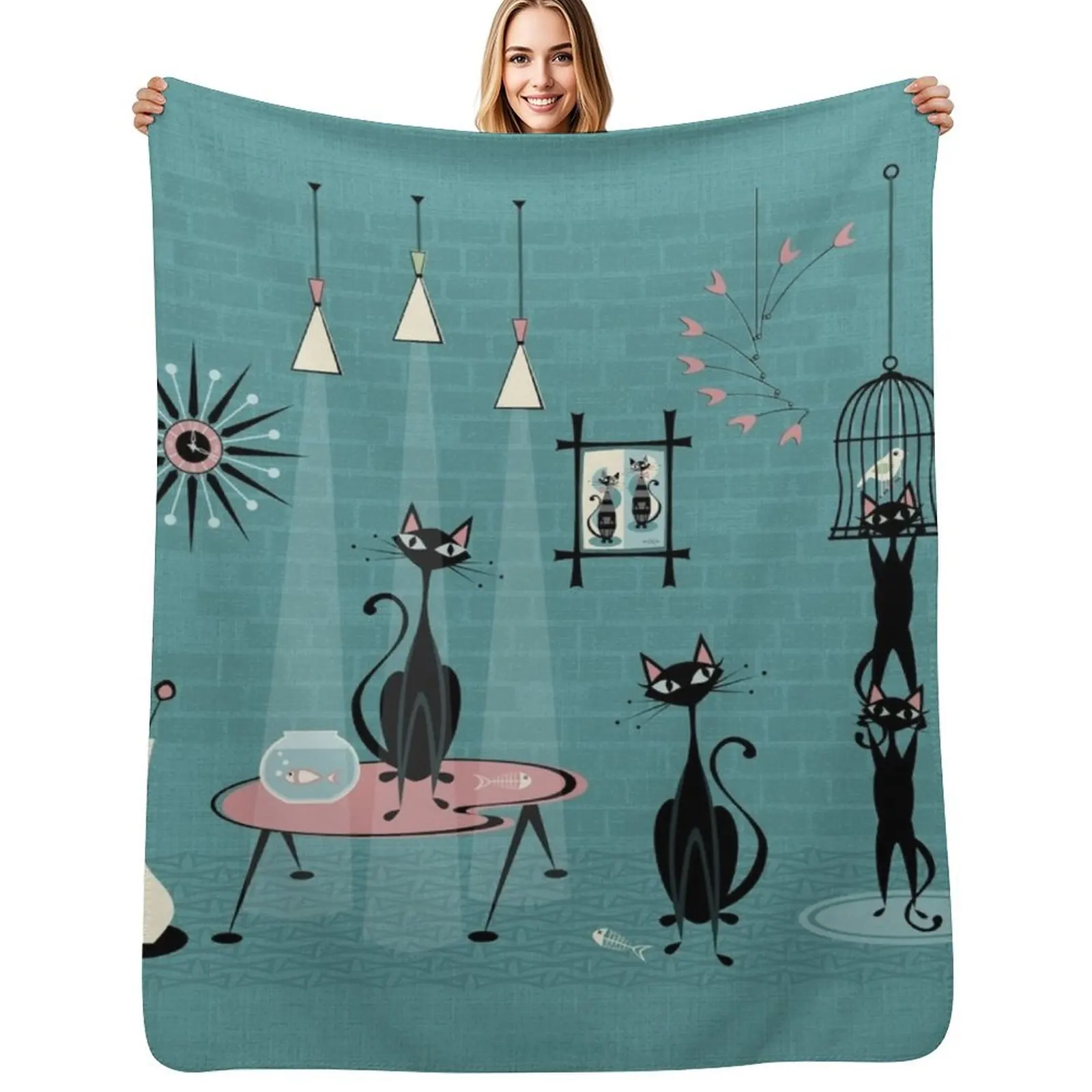 Mid Century Kitty Mischief III ?studioxtine Throw Blanket Flannels Sofas Beautifuls Vintage Quilt Blankets