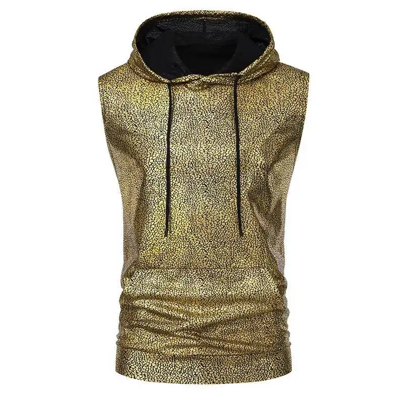 T-shirt Summer New European Men's Size Solid Color Shiny Surface Hot Stamping Performance Suit Sports Hooded Men's Vest Shoulder