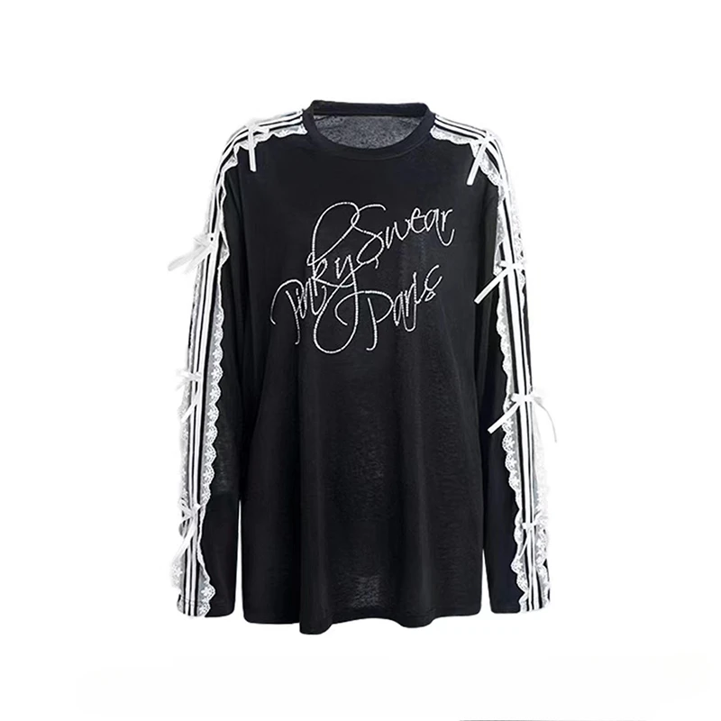 

Trendy Brand American Letter Printed Spliced Lace Bow Long-sleeved T-shirts Women's Autumn Retro Casual Versatile Loose Tops