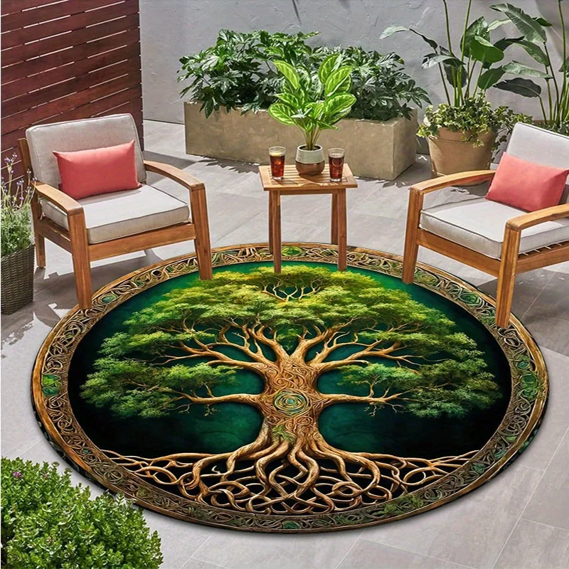Vintage Tree of Life Round Area Rug, Green and Gold Celtic Knot Design, Non Slip Decorative Floor Carpet for Living Room Bedroom