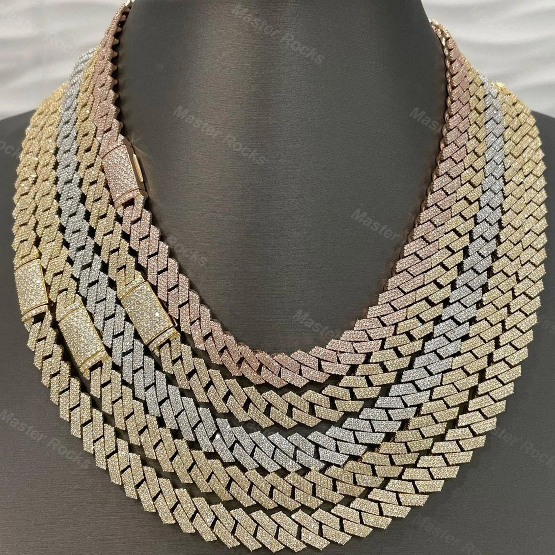 High Quality Sterling Silver Cuban Necklace 15mm 3 Rows Hip Hop Miami Cuban Link Chain VVS Moissanite Diamond