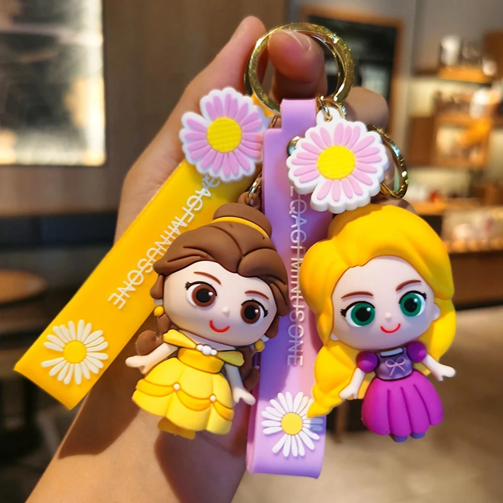 Disney Anime Ariel Princess Snow White Keychiain Girls Toys Cartoon Cinderella Belle Pendant Keychain Children Birthday Gifts