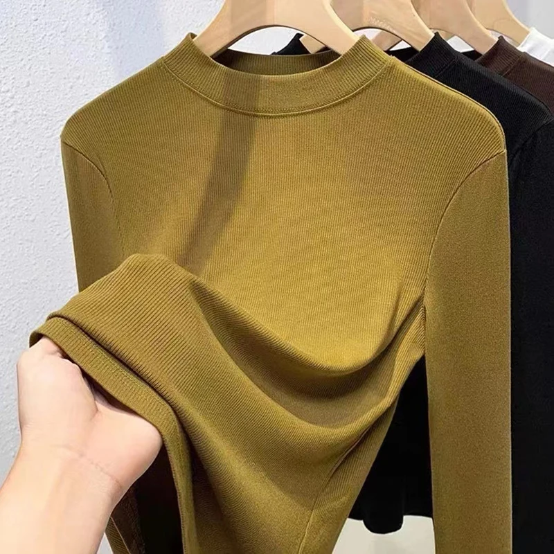 

Oversized Long Sleeve Bottoming Shirts Women Slim O-neck Tops Solid Color All-matched Spring Autumn Ladies T-shirts