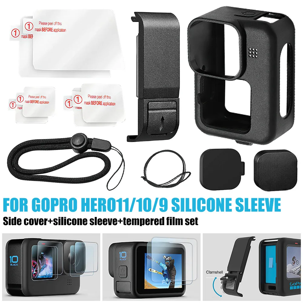 Silicone Case for GoPro Hero 11 10 9 Black Silicone Sleeve Protective Case Tempered Glass Screen Protector Lens Protective Film