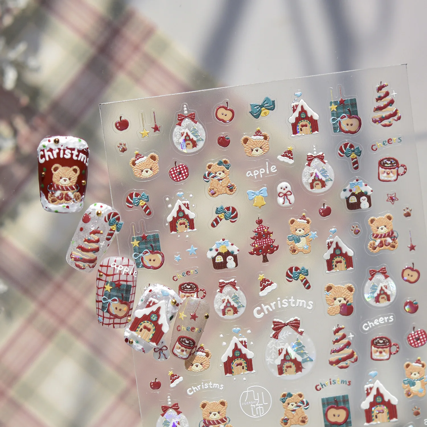 Cute Bear Christmas 5D Nail Decals Bear Snow House Tree Coffee Cup Candy Cane Apple Santa Hat Bell Self Adhesive Nail Stickers