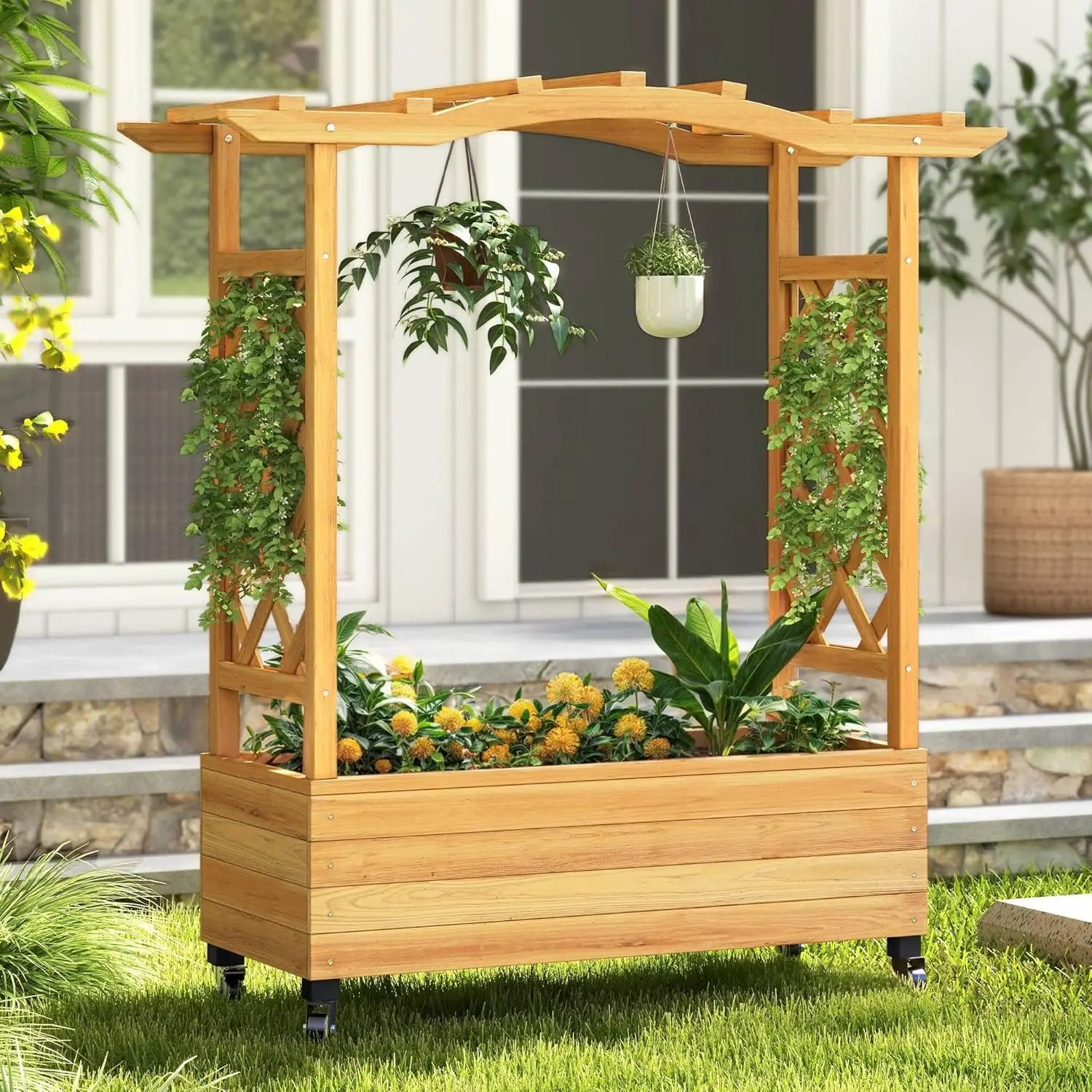 Raised Garden Bed with Trellis Movable, Weather Resistant Solid Wood Planter Box with Wheels for Climbing Plants,Elevated Garden