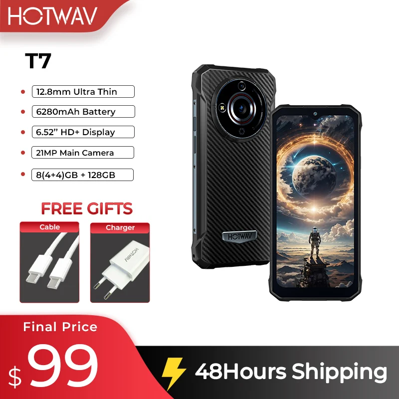 HOTWAV T7 Rugged Outdoor Lightweight Cellphone Android 13 6280mAh Massive Battery 6.52'' HD+ Display 20MP Rear Camera Phone