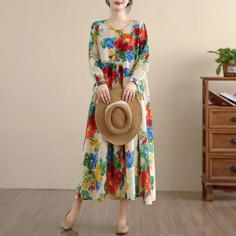 กระโปรงทรงเอผ้าลินินผสมคอตตอนพิมพ์ลายดอกไม้เอวสูงสำหรับผู้หญิง สไตล์ลำลอง ใส่สบาย เหมาะสำหรับฤดูใบไม้ผลิและฤดูใบไม้ร่วง ช่วยพรางหุ่น ใส่ไปทำงานได้