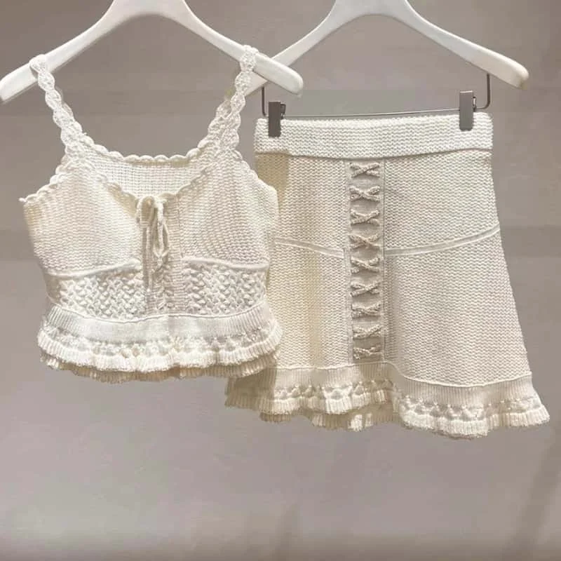 고품질 패션 여름 신상 니트 투피스 세트 여성 민소매 크로셰 크롭 베스트 탑 또는 하이웨이스트 스커트 여성 정장