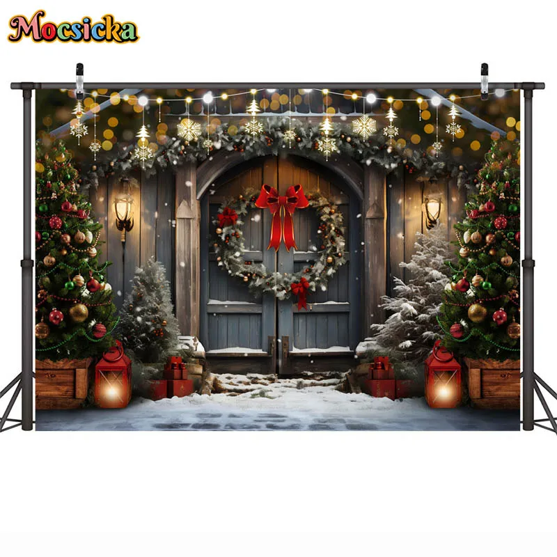 ฤดูหนาวคริสต์มาสการถ่ายภาพฉากหลังพวงหรีดไม้ประตู Street ไฟ Xmas Tree Decor พื้นหลังเด็กภาพครอบครัว