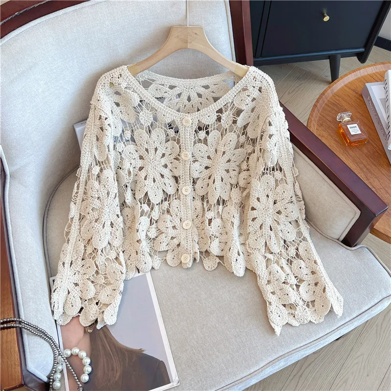 

Women's Knitted Hollow out Short Cardigan Summer Large Size Fat MM See through Top Outerwear Trendy Lace Shirt round Neck Lon...