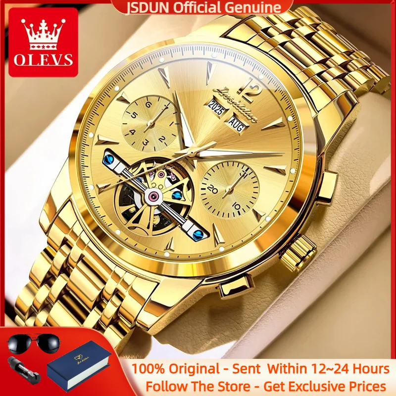

JSDUN 8738 Top Brand Men All Automatic Mechanical Watch Multi functional Waterproof Luminous Chronograph Hollow Luxury Men Watch
