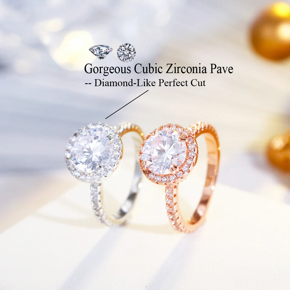 CWWZircons High Quality CZ Crystal Rose Gold Color Big 2 Carat Round Engagement Wedding Band Rings for Women Jewelry R107