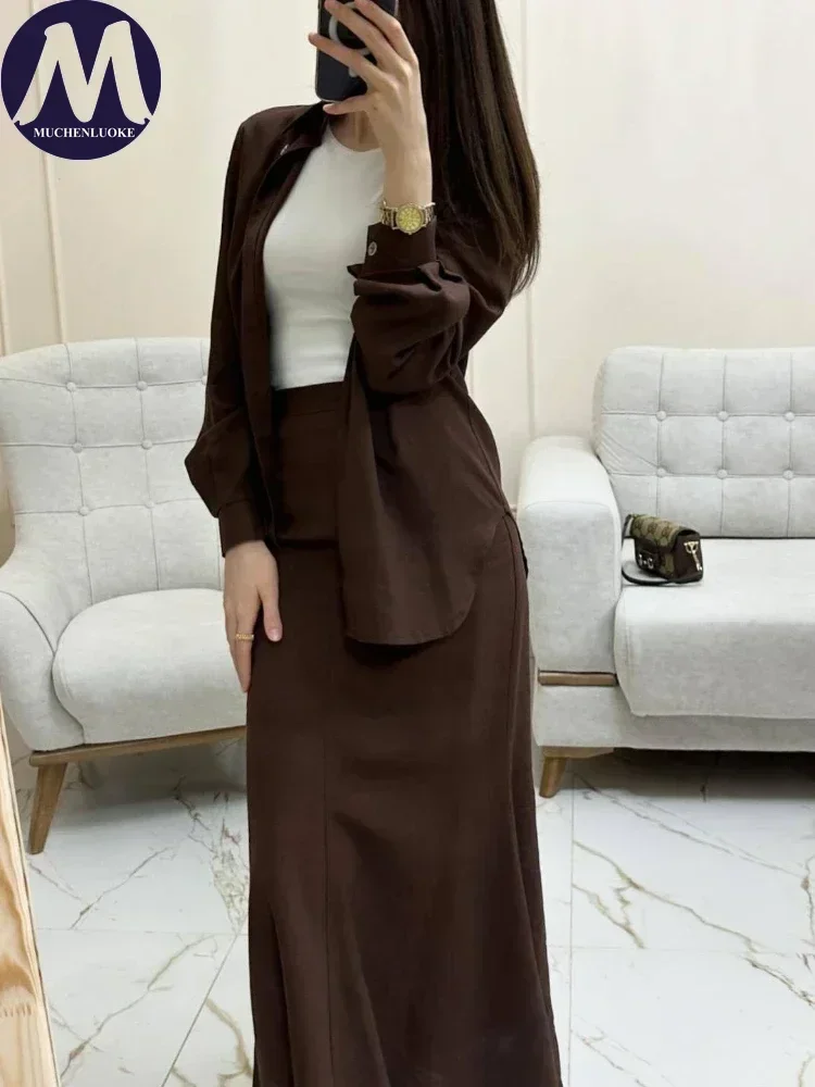 Women's Long Sleeve Lapel Collar Shirt Suits Fashionable Slim Fit Office Long Skirt Set Casual Spring Summer New 2 Pcs