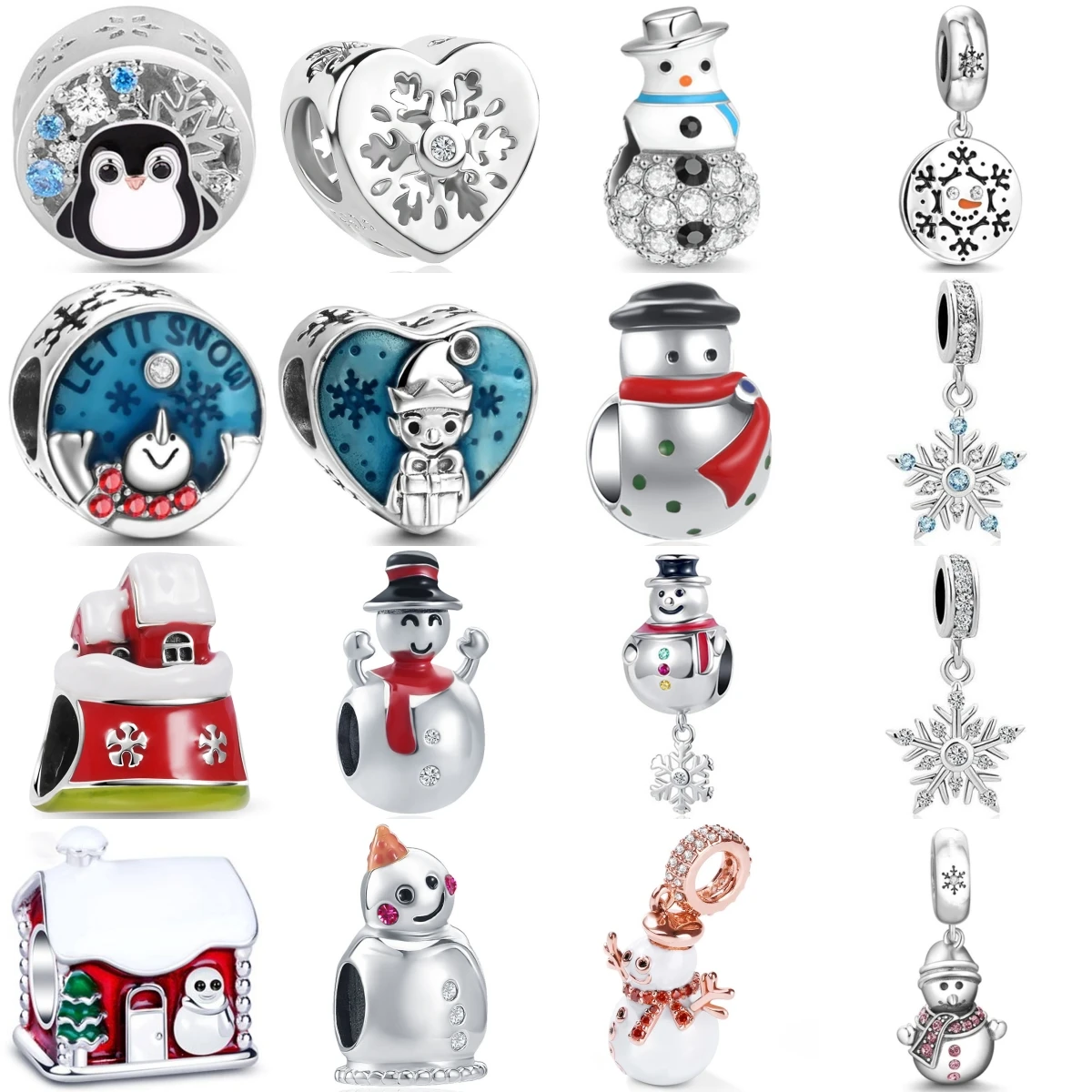 

925 Sterling Silver Winter Christmas Charms Beads Snowman Penguin Snowflake Fit DIY Pendant Women Jewelry Gift
