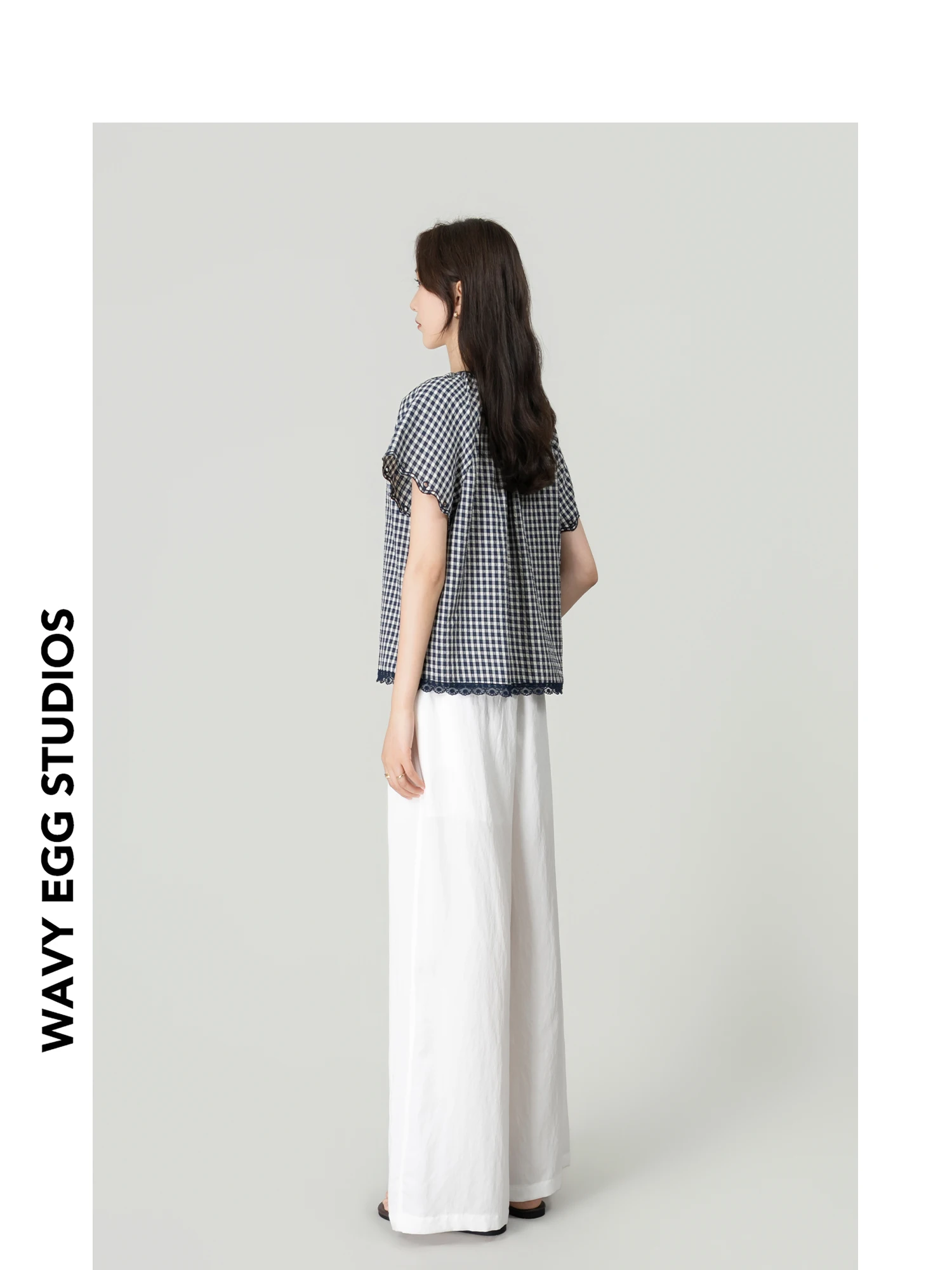

Wavy Egg Summer Plaid Short Sleeve Women's Two-Piece Set High Waist Wide Leg Pants Fashionable And Attractive Outfit