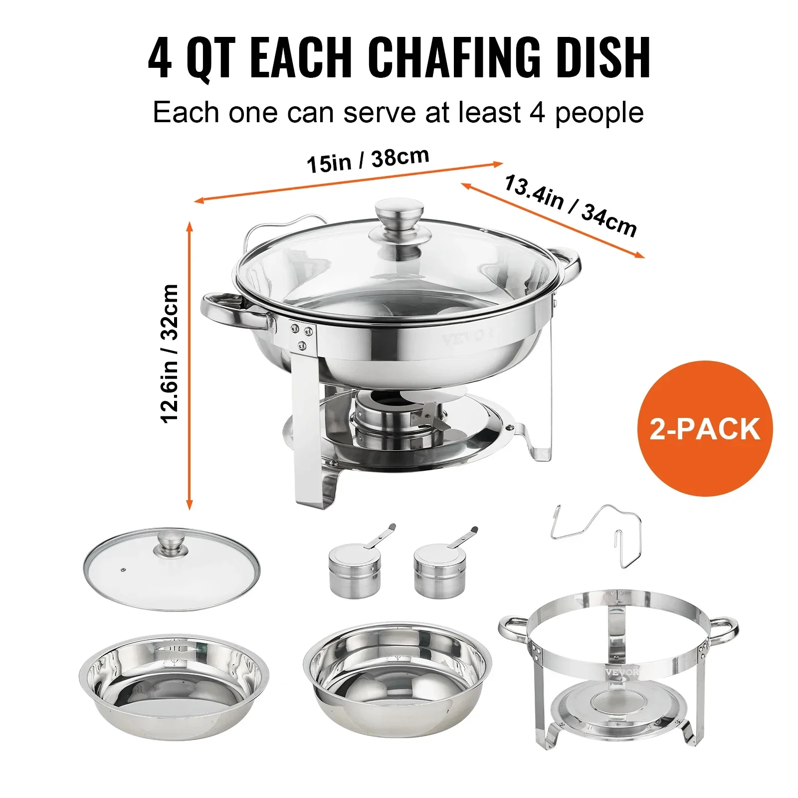 VEVOR 6QT 2/4Pack Round Chafing Dish Set Stainless Steel Buffet Chafer with Full Size Pan Glass Lid  Fuel Holder Catering Warmer