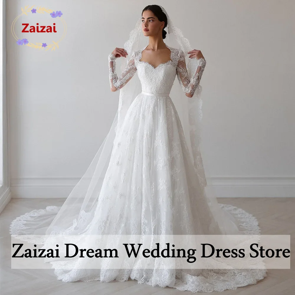 Vestidos De Novia De encaje De lujo personalizados, escote en forma De corazón, mangas largas, perlas, tren De barrido, línea A, vestido De Novia saudí, Vestidos De Novia