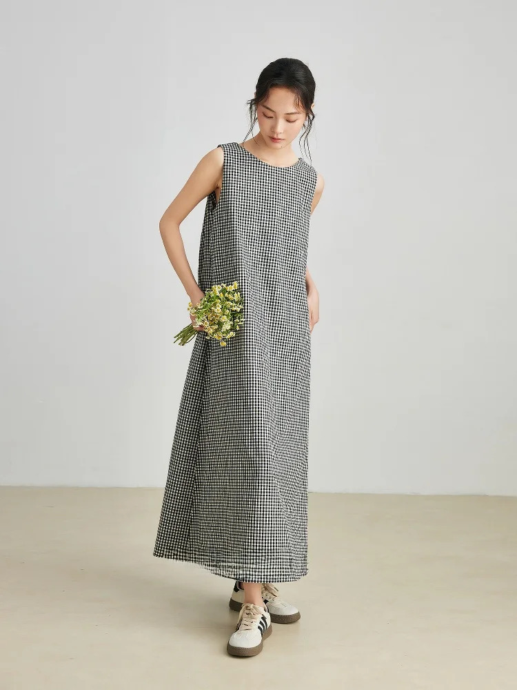 

Fashionable Plaid Sleeveless Midi Dress Women's Summer New Simple Elegance Cotton Straight Cut Skirt Casual round Neck Dress