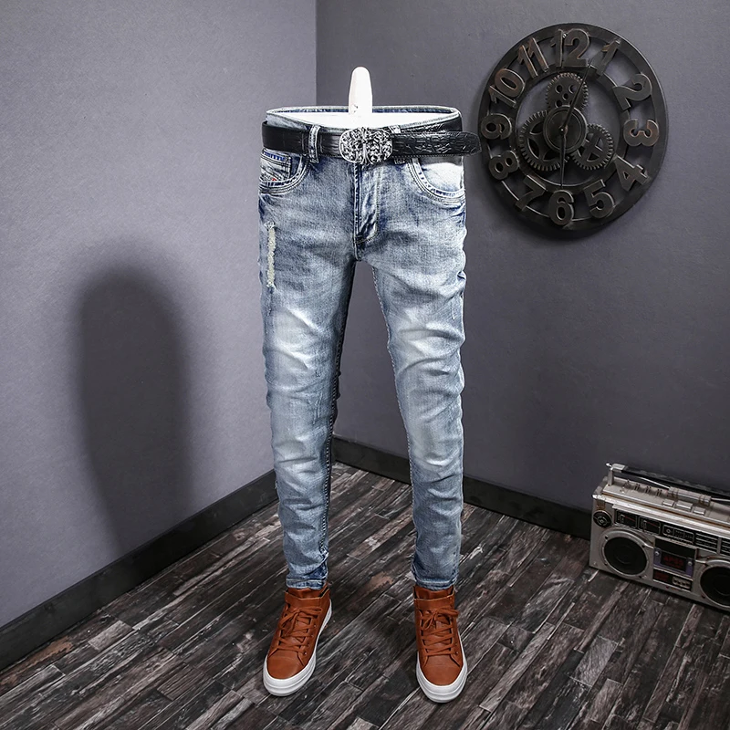 

Street Fashion Men Jeans Retro Light Blue Stretch Slim Fit Frayed Ripped Jeans Men Italian Style Vintage Designer Denim Pants